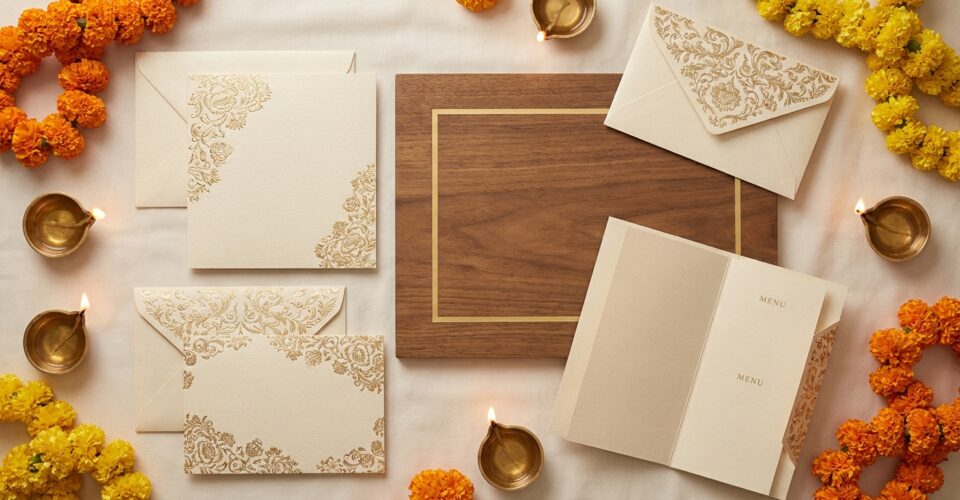 Elegant Indian wedding stationery flat lay - ornate wedding invitation cards with intricate floral gold designs, wedding…