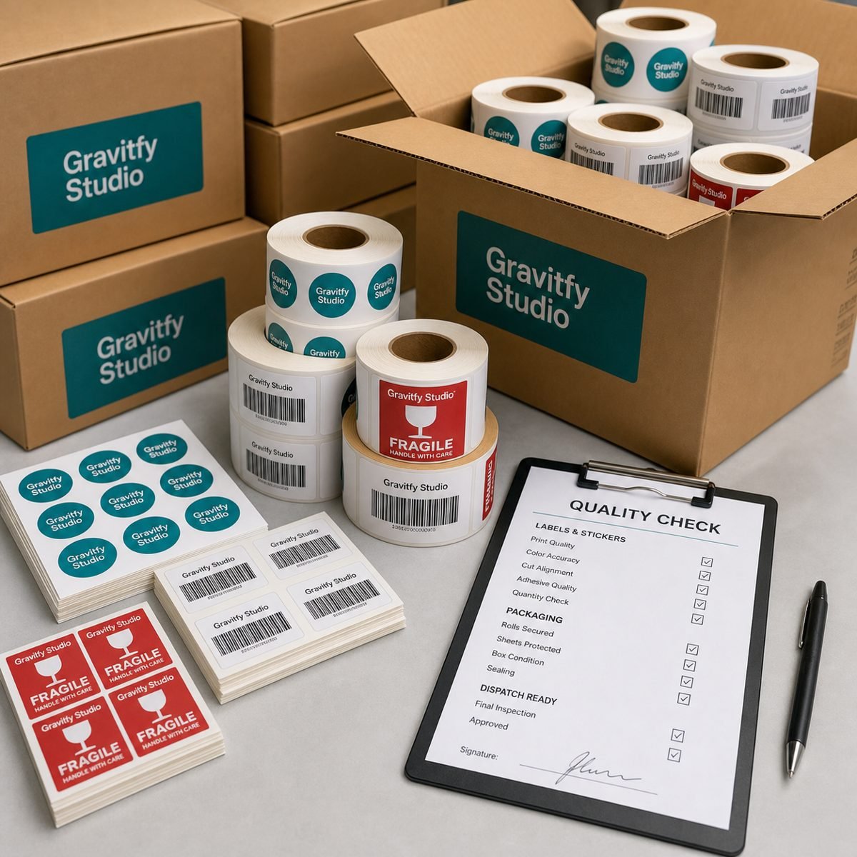 Bulk labels and stickers packed in rolls sheets and cartons for dispatch by Gravitfy Studio