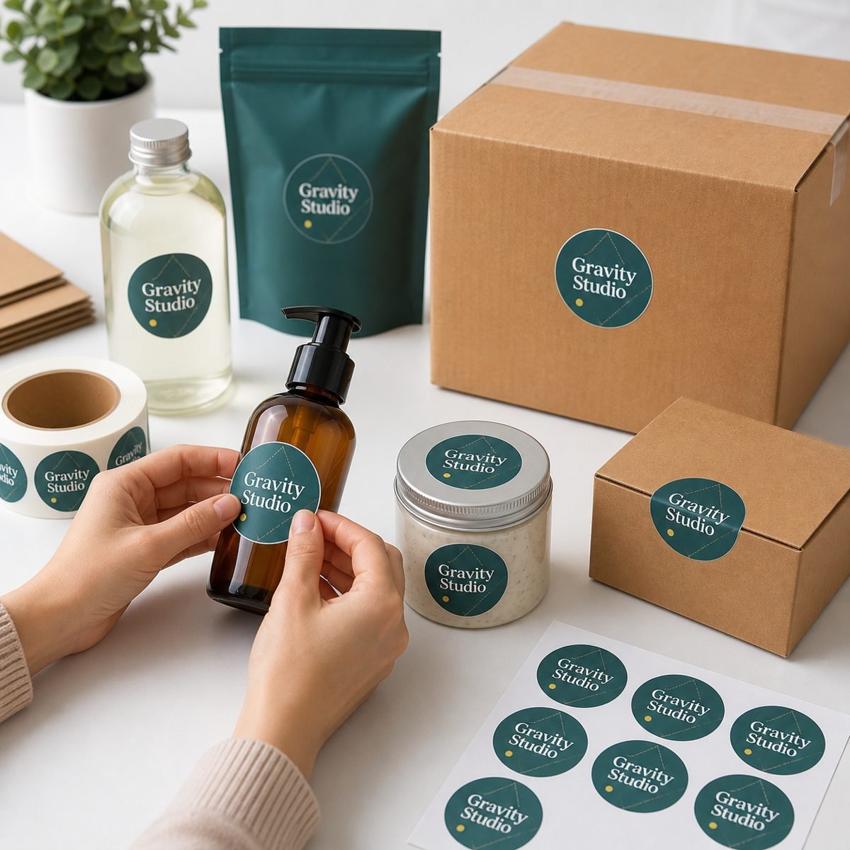 Custom printed labels applied to bottles jars cartons and product packaging by Gravitfy Studio