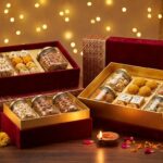 Luxurious Diwali corporate gift boxes with rich gold and deep red packaging, premium gift hampers containing dry fruits,…