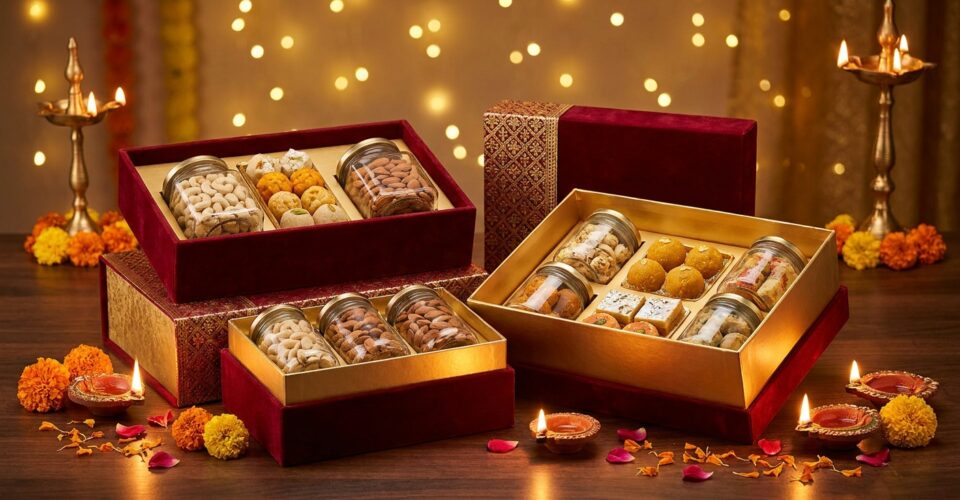 Luxurious Diwali corporate gift boxes with rich gold and deep red packaging, premium gift hampers containing dry fruits,…