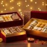 Luxurious Diwali corporate gift boxes with rich gold and deep red packaging, premium gift hampers containing dry fruits,…