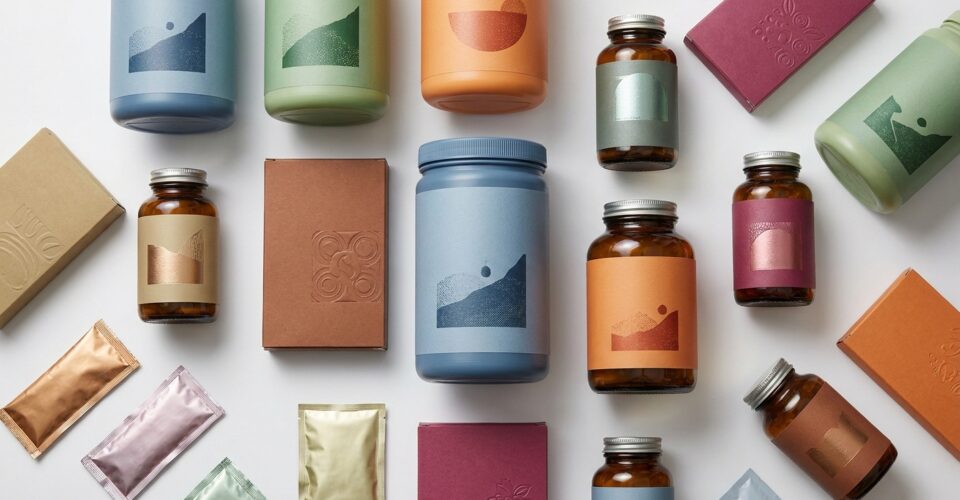 Modern FMCG food supplement packaging products - protein powder tubs, health supplement bottles, nutrition bar boxes and…
