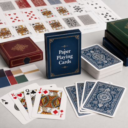 Paper playing cards manufacturer with printed card sheets deck samples and tuck boxes