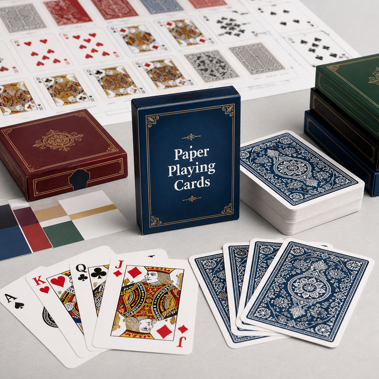 Paper playing cards manufacturer with printed card sheets deck samples and tuck boxes