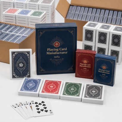 Playing card manufacturer in India with bulk deck boxes and packed card stacks