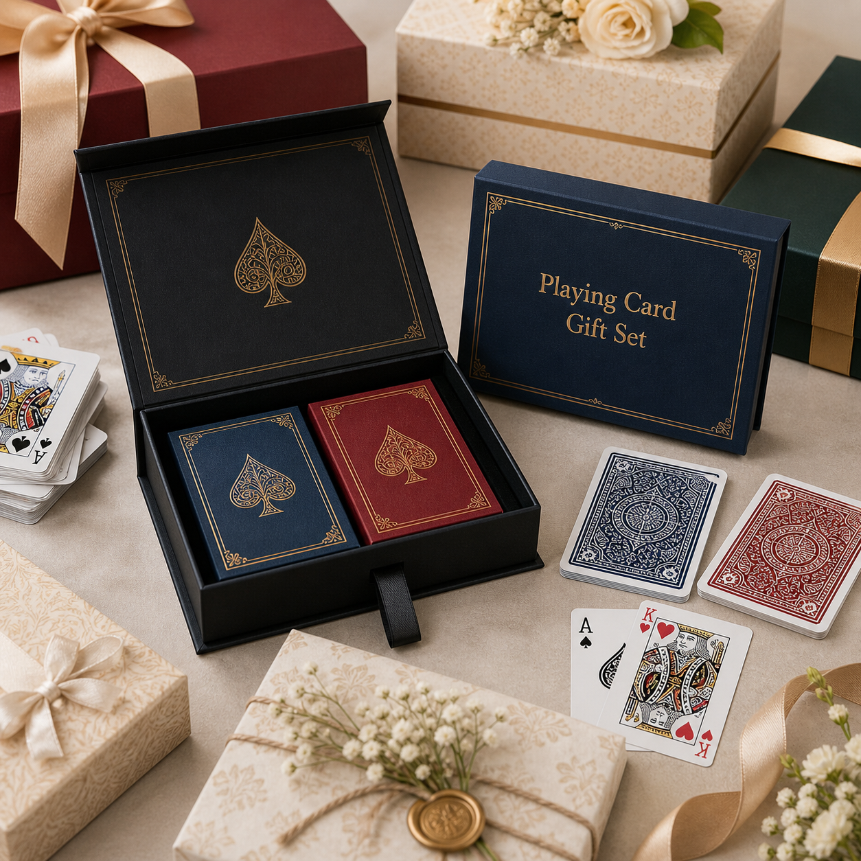 Premium playing card gift set manufacturer with rigid box double deck and festive packaging
