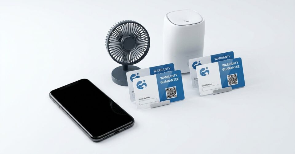 Premium printed warranty and guarantee cards displayed alongside consumer electronics products - smartphone, electric fa…