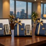 Professional corporate gift hampers featuring branded wall calendars, premium leather diaries, and executive pen sets ar…