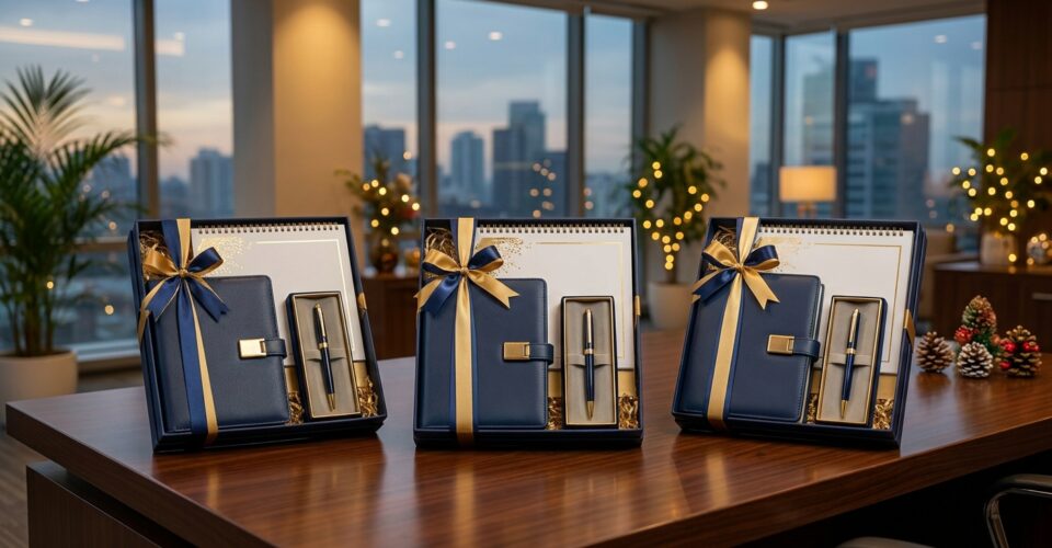 Professional corporate gift hampers featuring branded wall calendars, premium leather diaries, and executive pen sets ar…