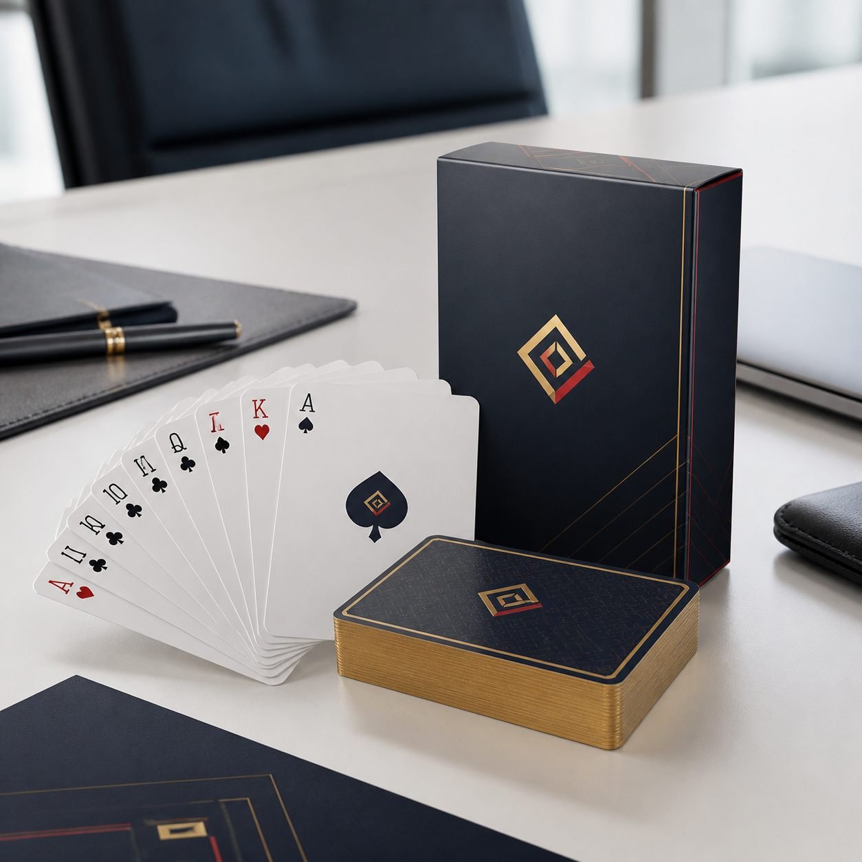 Corporate playing cards with company logo style deck and premium tuck box