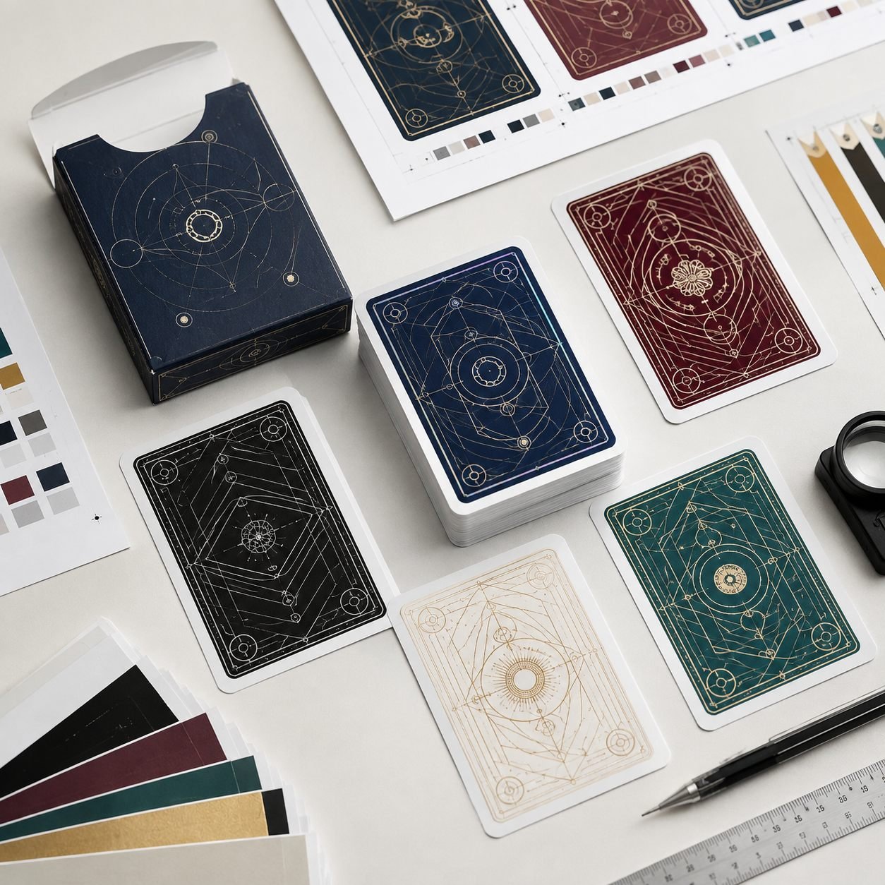 Custom playing cards design options with printed back samples and proofing layout