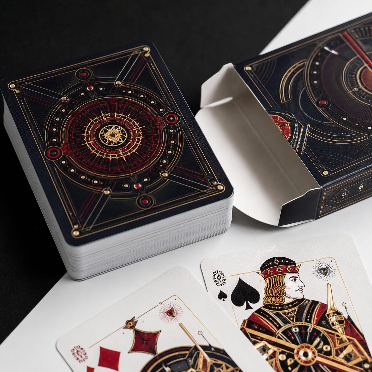 Custom poker cards close up with printed backs rounded corners and open tuck box