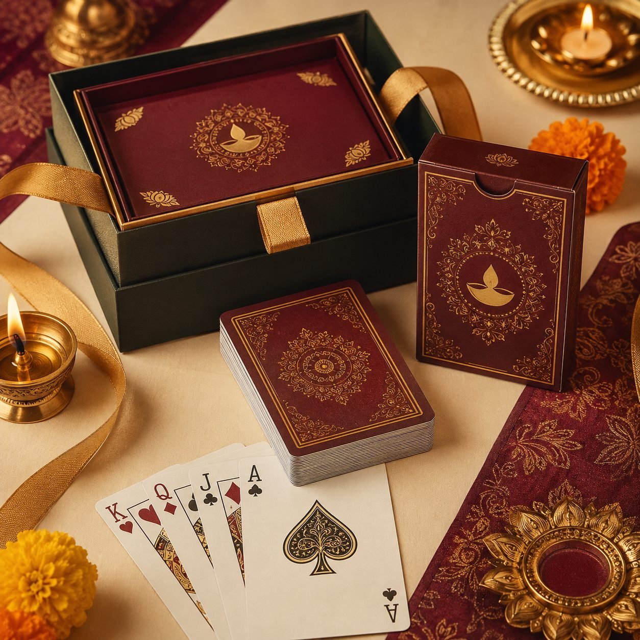 Diwali playing cards gift deck with festive tuck box and premium packaging