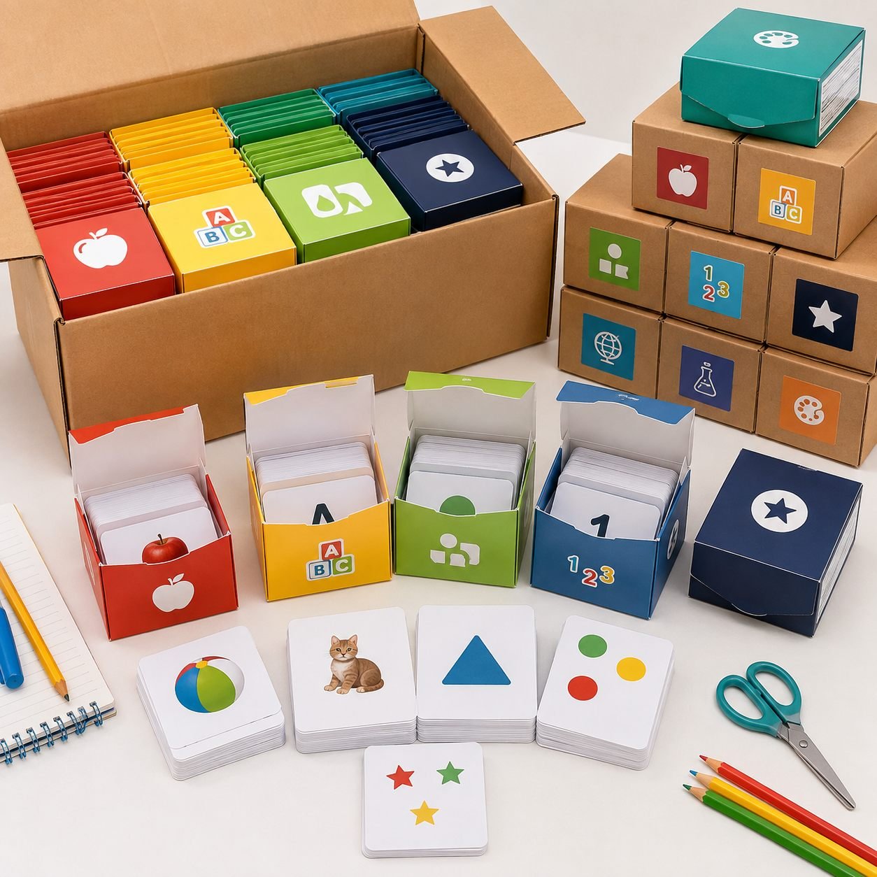 Educational flash card decks packed in colorful boxes for school bulk order