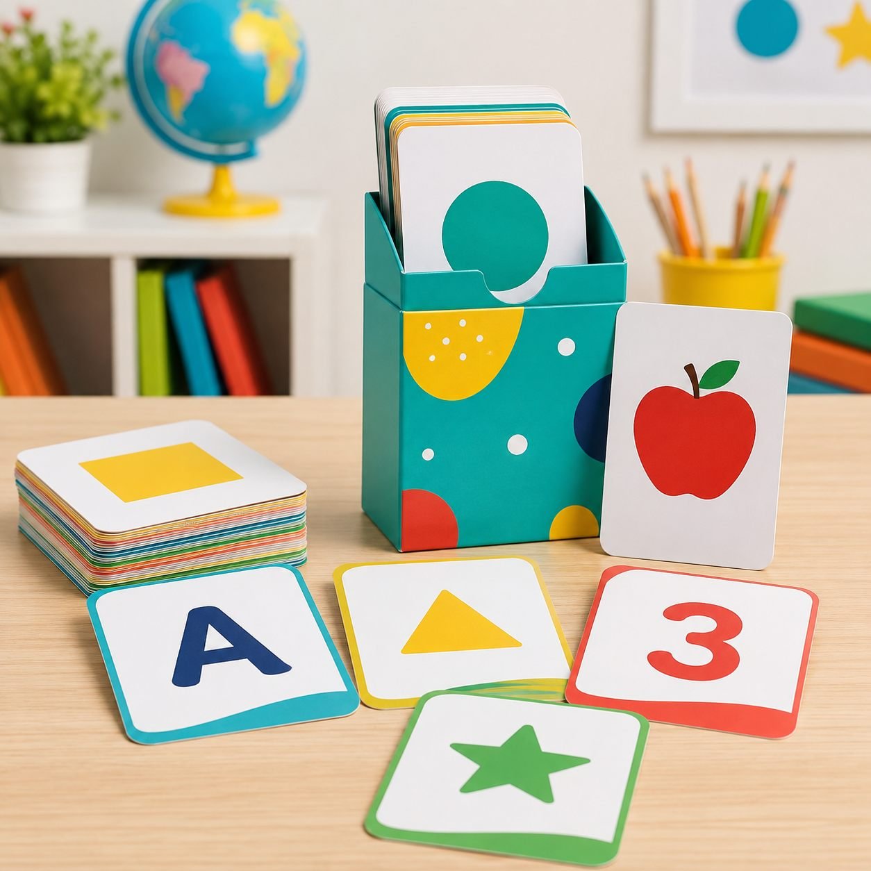 Educational flash cards with colorful learning cards and matching tuck box
