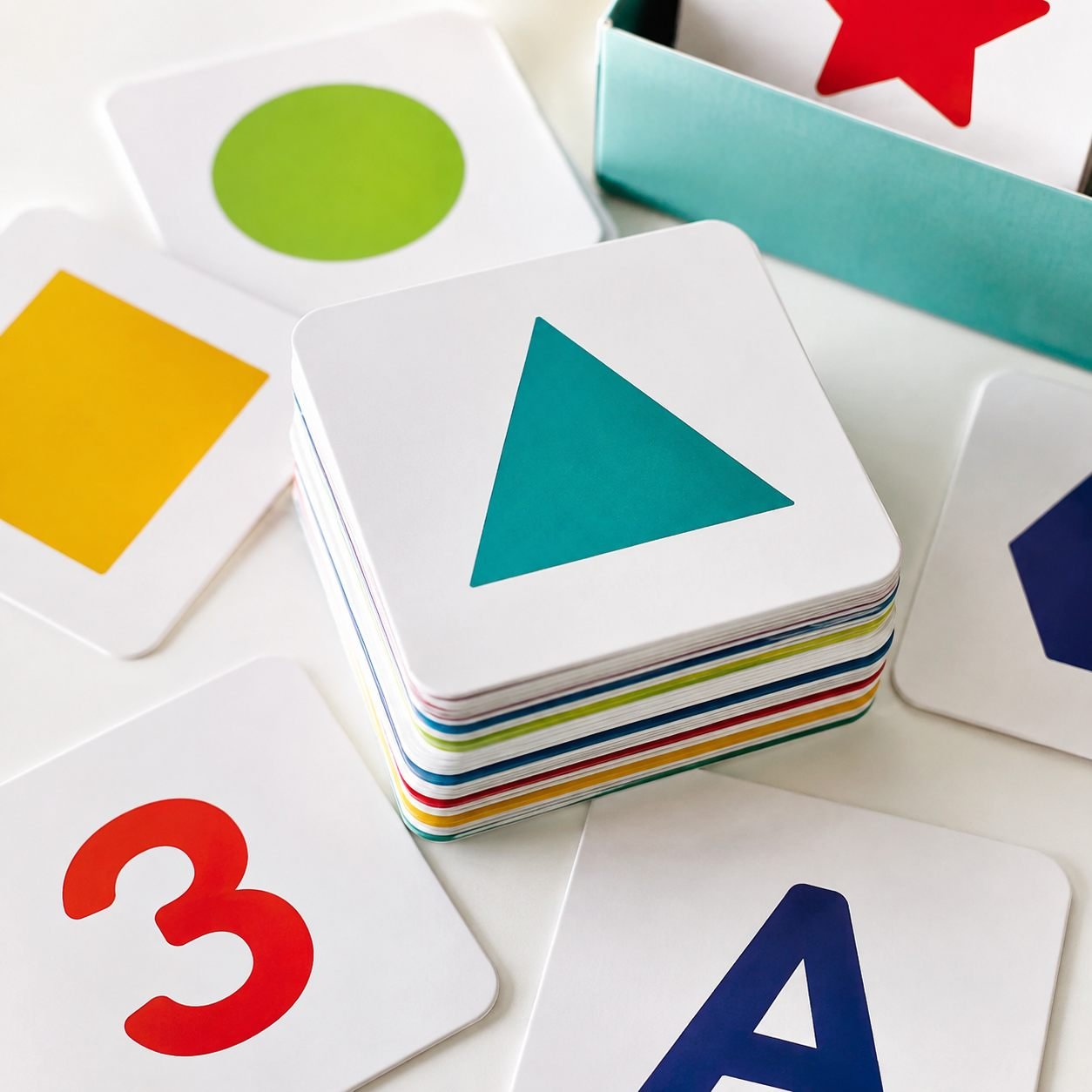 Learning flash cards close up with rounded corners and printed color shapes