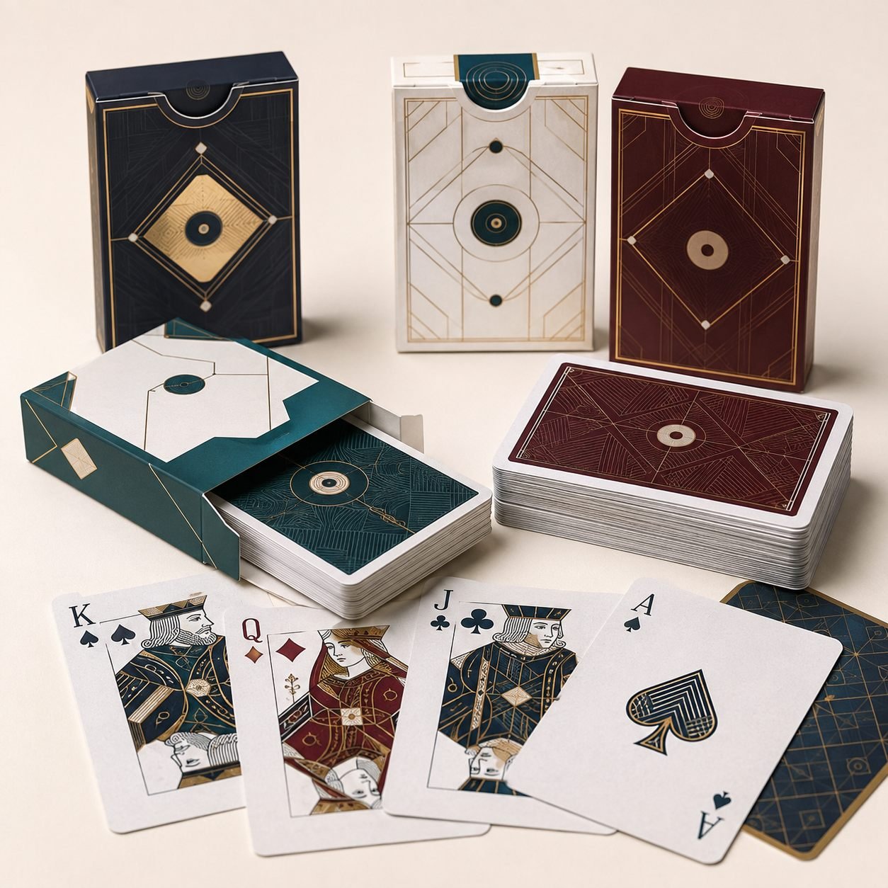 Paper playing cards boxed decks with open tuck box and printed card samples