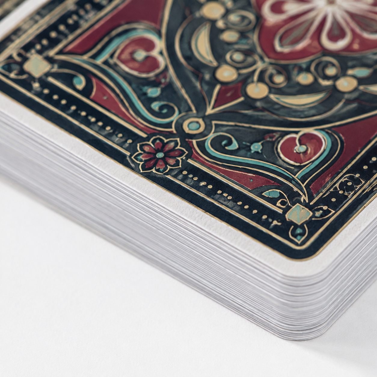 Paper playing cards close up showing card edges rounded corners and printed back