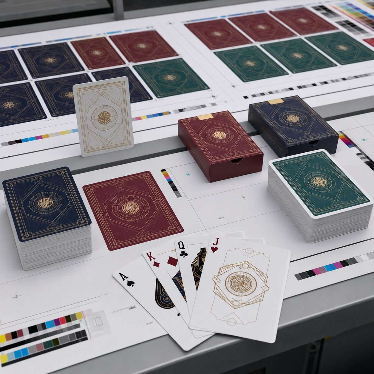 Paper playing cards print sheets with cut decks and tuck box samples