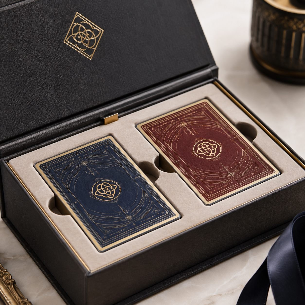Premium playing card gift box insert detail with two deck slots and custom backs