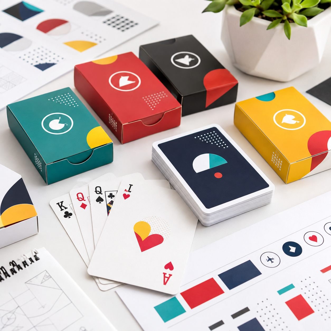 Promotional playing cards with colorful custom backs and campaign tuck boxes